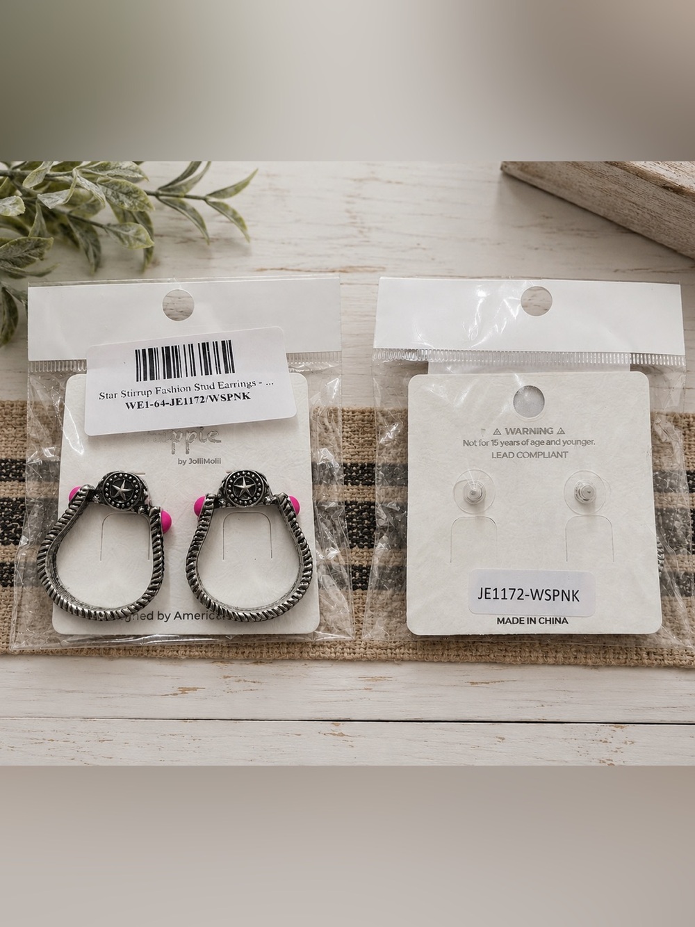 Star Stirrup Fashion Stud Earrings with Pink Accents